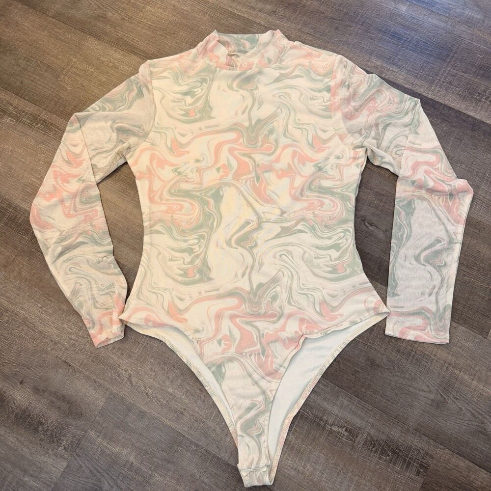 Y2K Pastel Swirl Dreamy Marble Print Sheer Mesh Bodysuit Long Sleeve Size L